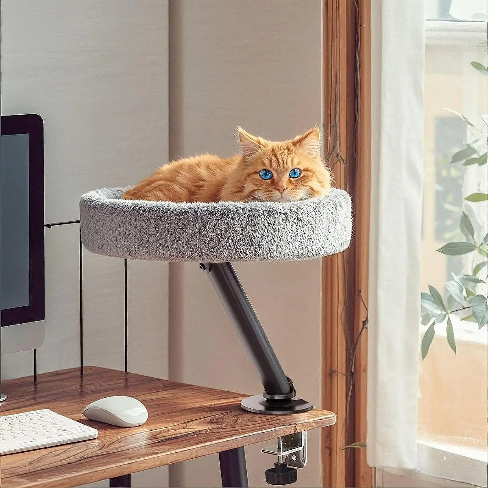 Cat Bed Desk Sturdy Stylish Soft Space Saving Desktop Cat Bed Elevated Round 360° Rotation for Office Home Side Table Study Room