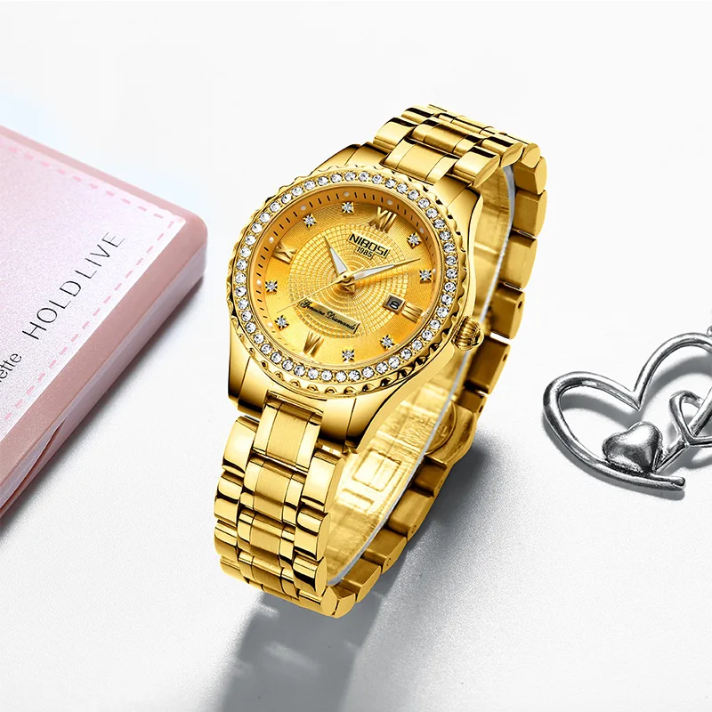 NIBOSI Fashion Womens Watches Top Brand Luxury Gold Quartz Watch for Women Stainless Steel Waterproof Luminous Date Wristwatch