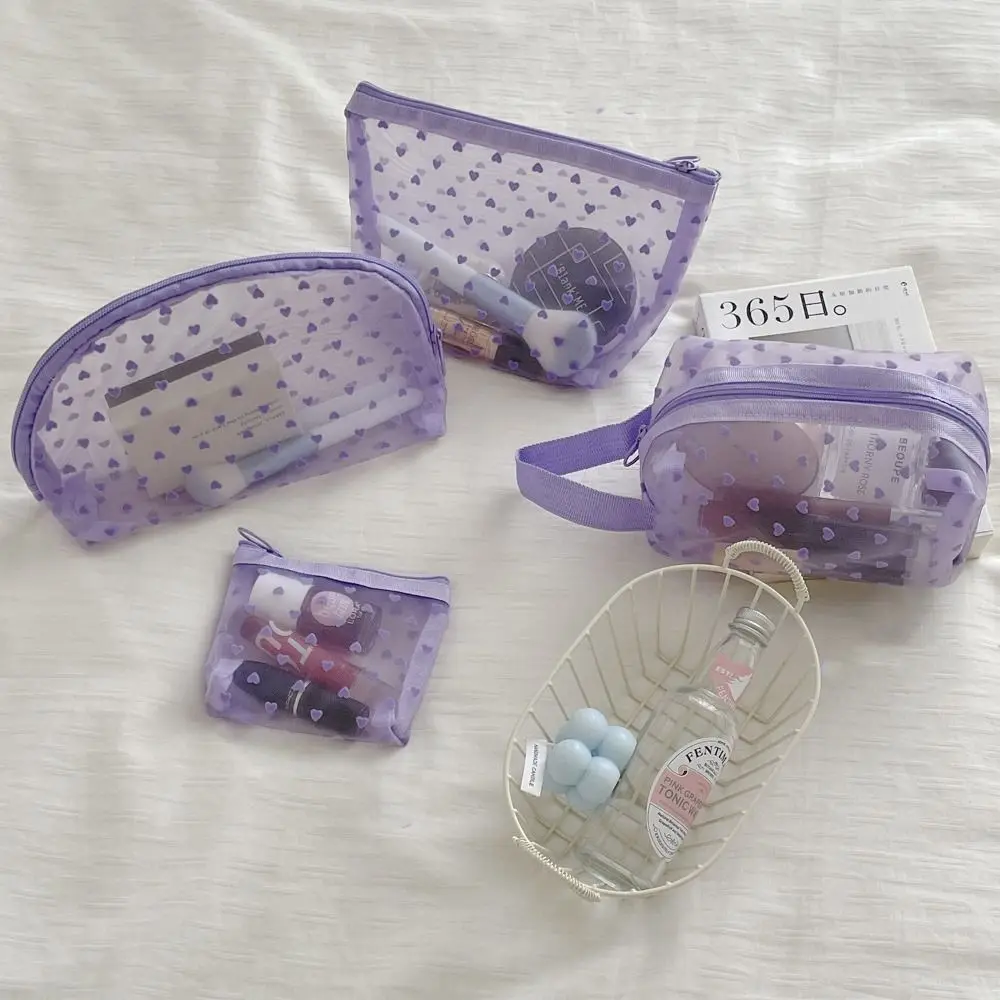 Portable Heart Print Mesh Storage Bag Purple Series Transparent Makeup Pouch Multifunctional Nylon Cosmetic Organizer Travel