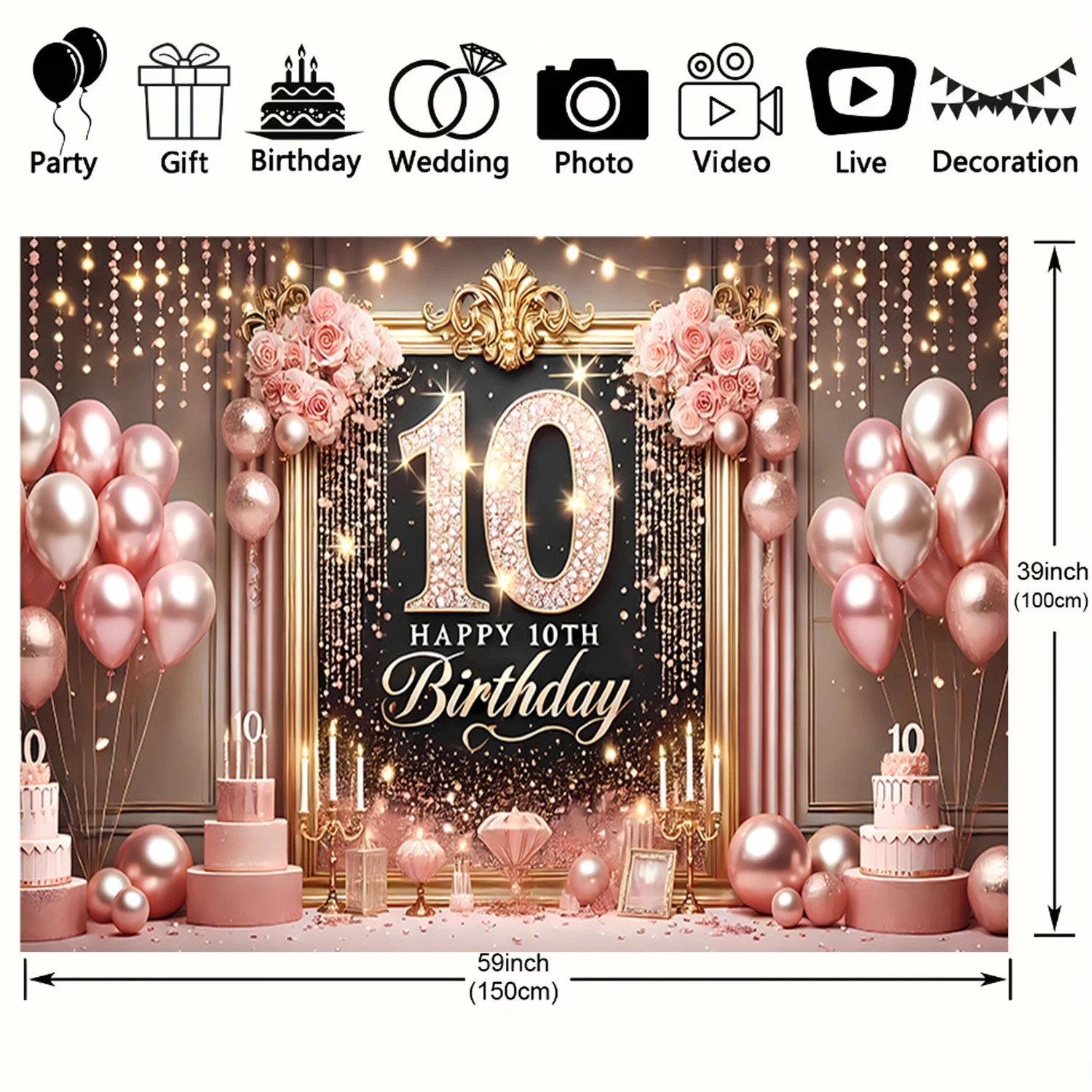 Happy Birthday Theme Background Luxury Crown Firework Flower Scene Golden Balloon Rose Party Decor Childdren Gift Prop Banner