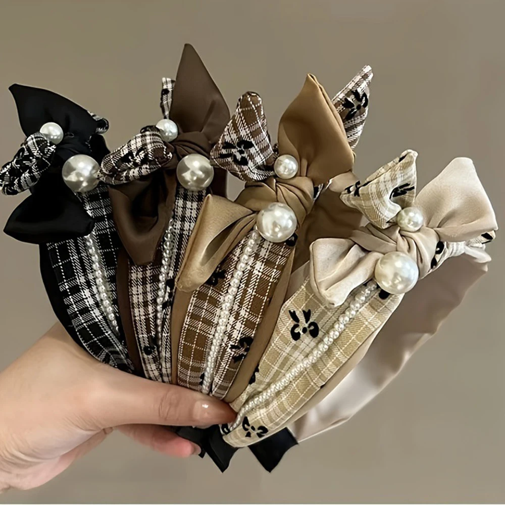 

Plaid Bow Headband High-grade Temperament Hairpin Versatile Imitation Pearl Headband Classical Hairband For Women