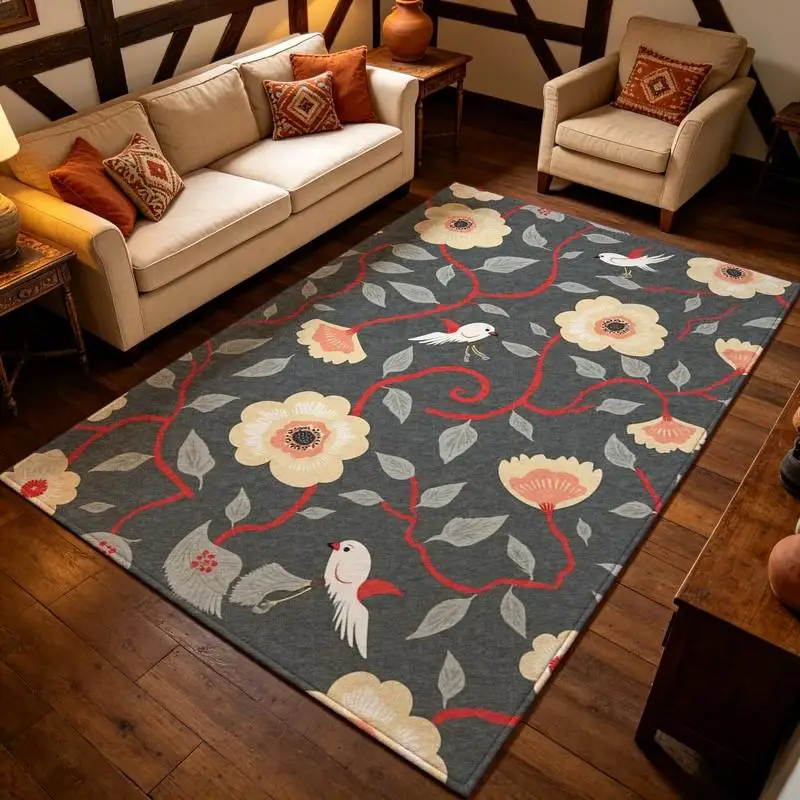 Retro Floral Bird Print Carpet Flooring, Botanical Pattern Area Rug for Bedroom Living Room