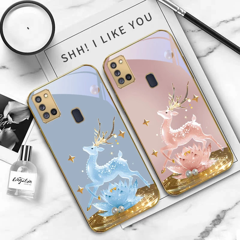 غزال ذهبي رائع لهاتف سامسونج A 31 32 A33 A34 35 14 A15 13 A16 25 A26 50 52 53 54 55 56 70 71 72 73 حافظة هاتف زجاجية ذهبية