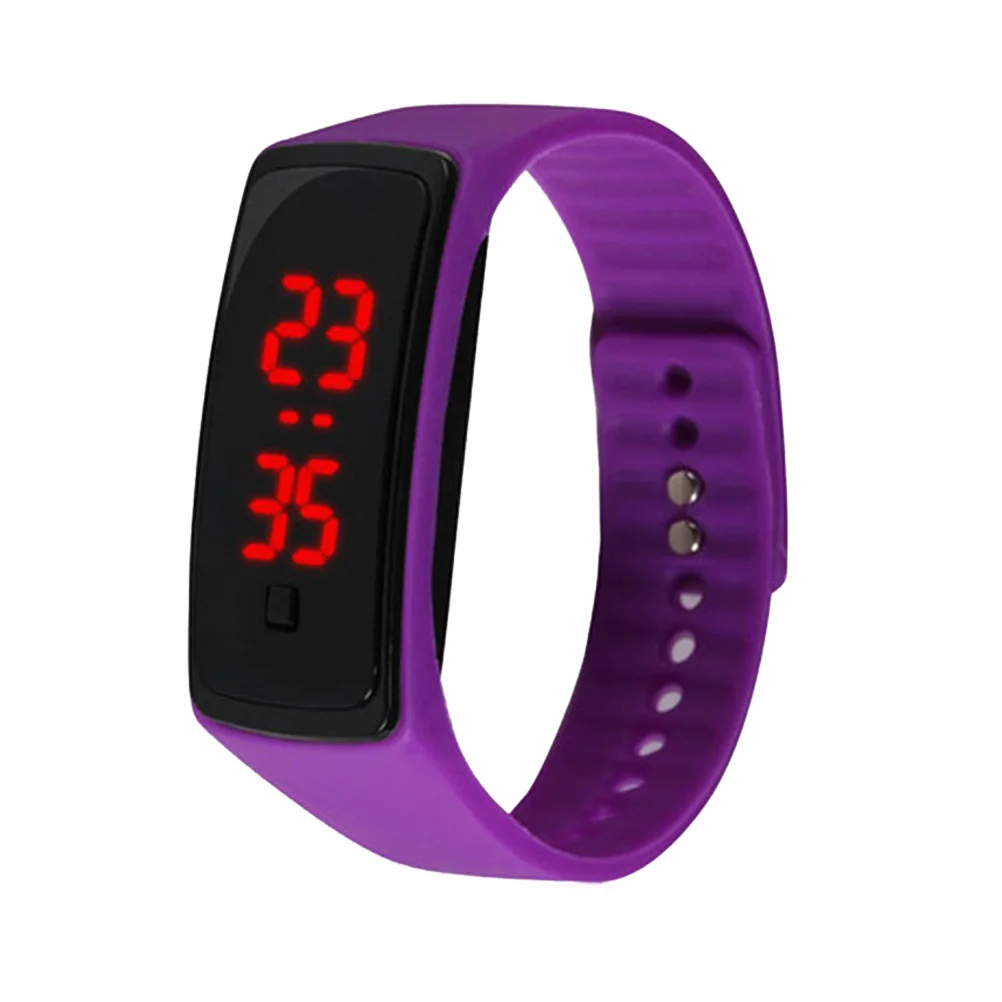 ساعة يد عصرية للاستخدام الخارجي، شاشة LED أرجوانية، سوار سيليكون للجنسين، ساعة رياضية للجري للطلاب