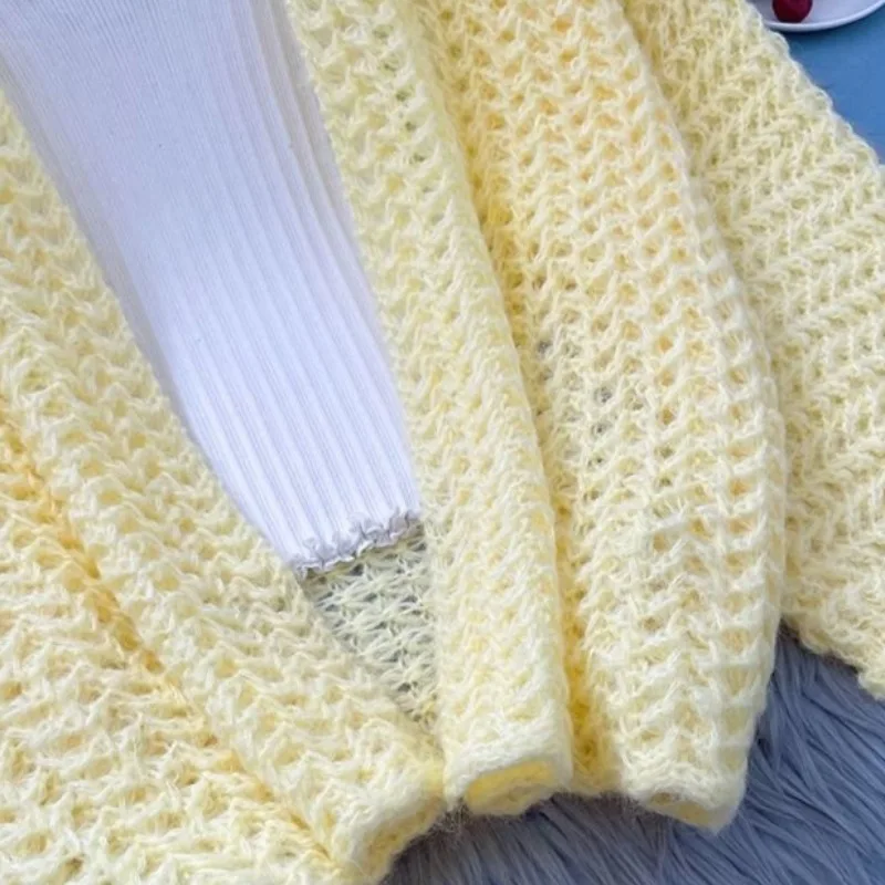 Cárdigans amarillos de manga larga para mujer, abrigo de nicho de punto que combina con todo, informal, elegante, Simple, sólido, primavera y otoño