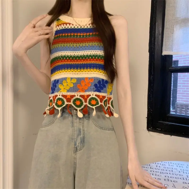 Women's Summer Rainbow Striped Hollow Hook Flower Short Knitted Camisole Vest Sleeveless Top Crop Tops Sweater Vest Cute Tops