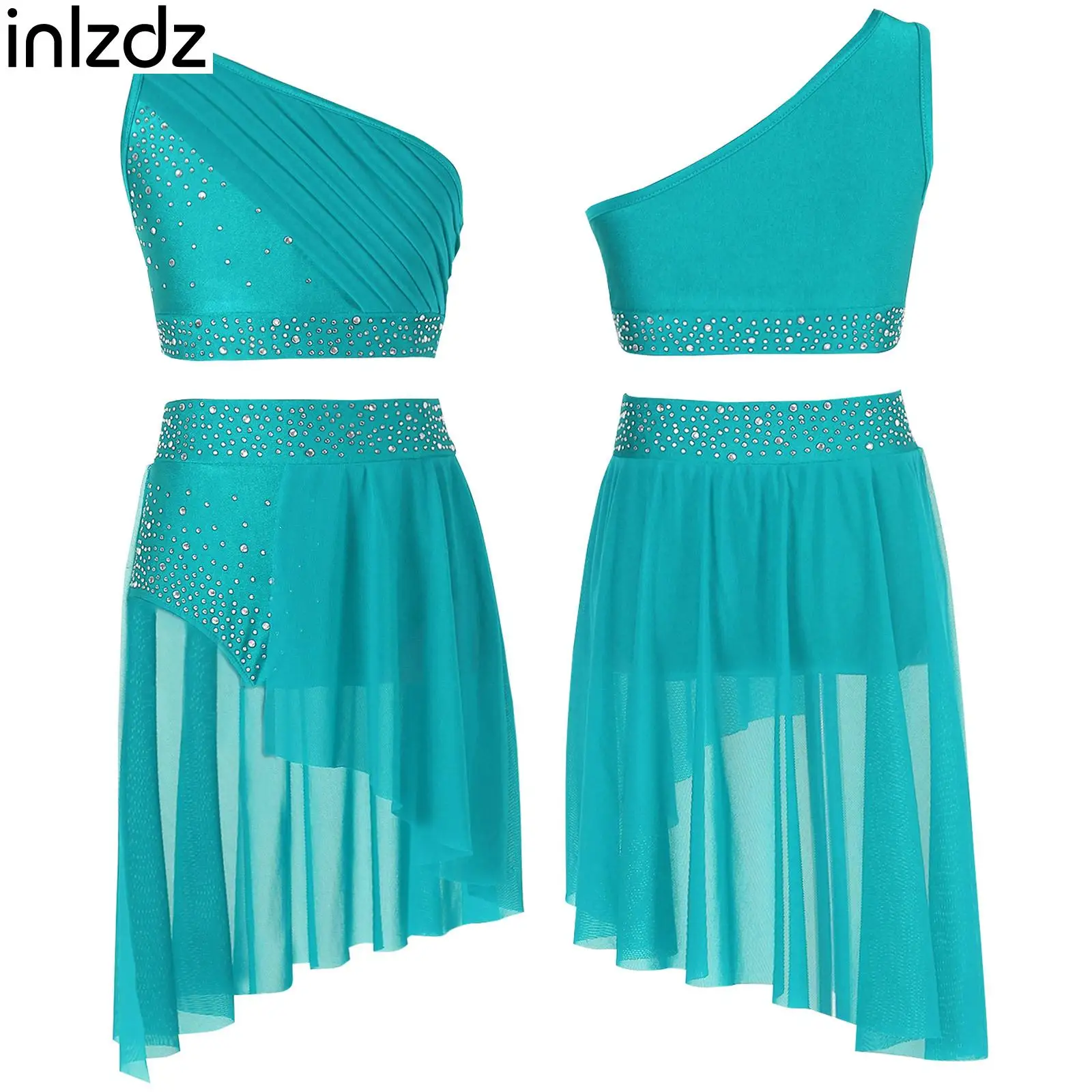 

Shiny Rhinestones Ballet Lyrical Dance Set for Girls Kids Crop Top with Skirt Outfit for Modern Contemporary Performance Costume