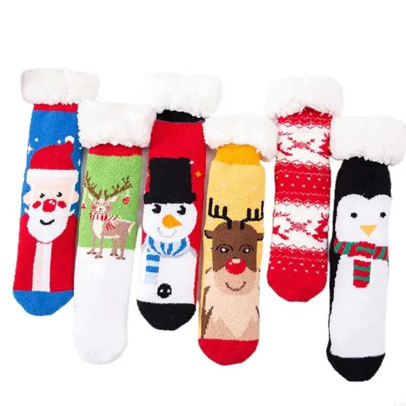 P8DB Women Christmas Fuzzy Lined Slipper Socks Cartoon Santa Snowman Non Skid Hosiery