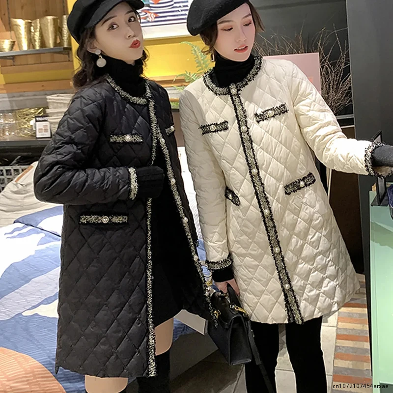 Jesienno-zimowa lekka Parka puchowy płaszcz bawełniany kobiet eleganckie ciepłe parki średniej długości frędzle z guzik perłowy wysokim jakościowa kurtka