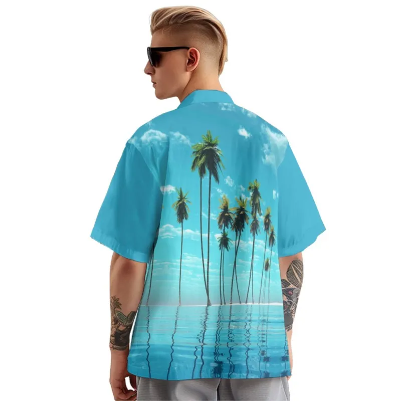 Cocoanut Trees Print Hawaiian Sky-blue Shirt Men's Chest Pocket Shirt Casual Short Sleeve Daily Smart Business Shirt For Men