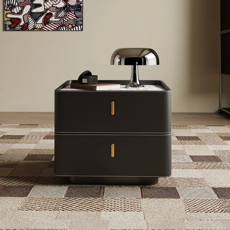 xx-Italian Style Luxury Nightstand with 2 Leather Upholstery, Marble Vein Top, Metal Handles, Modern Bedside Table for Bedroom*