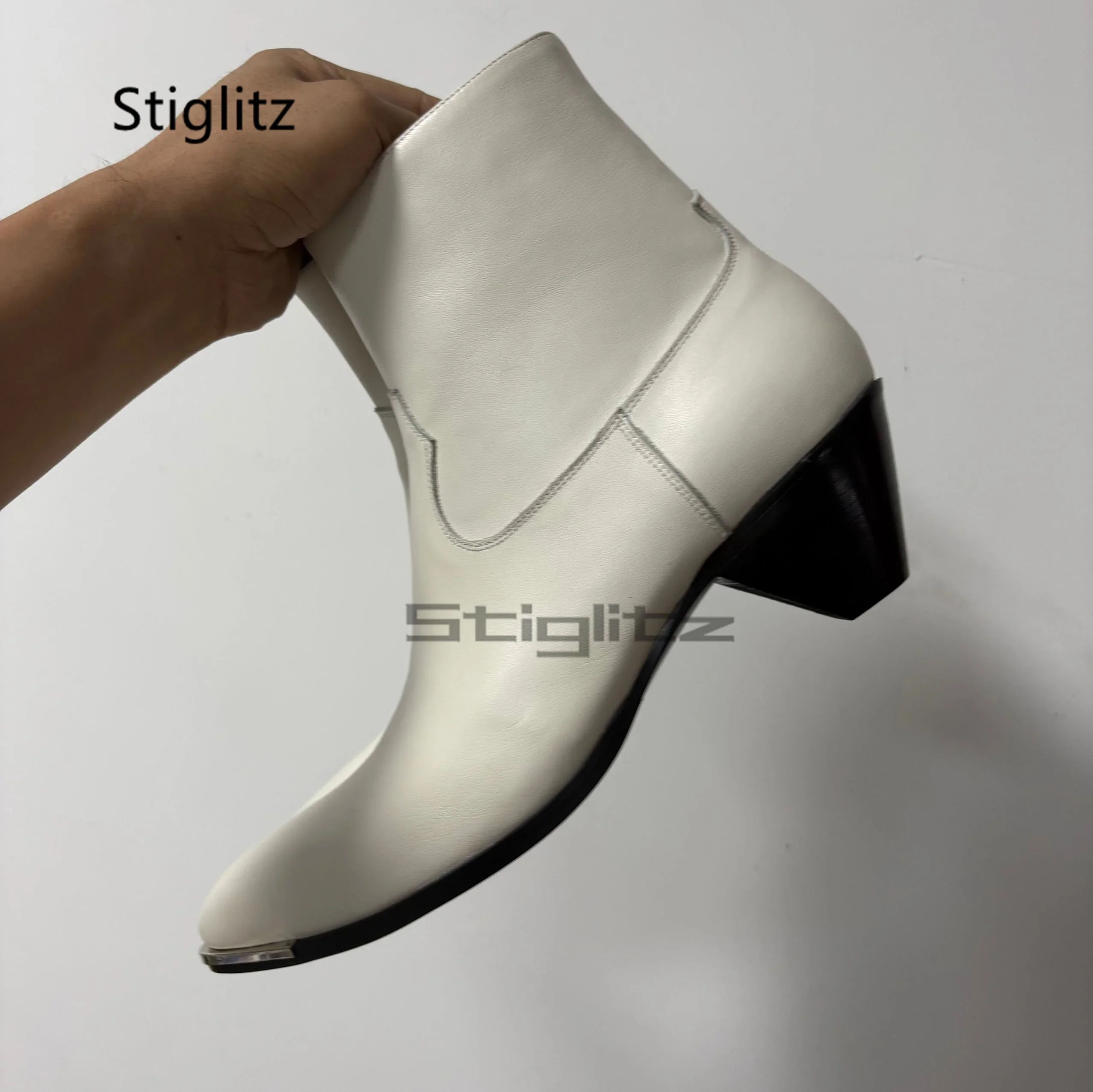 5Cm High Heels Chelsea Boots for Men Pointed Toe Side Zip Retro