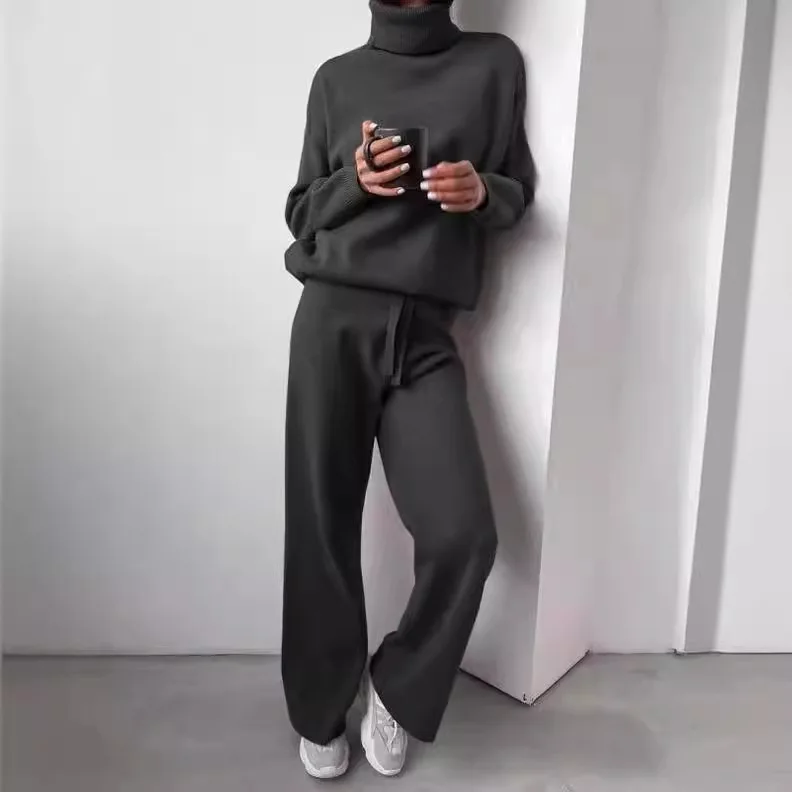2025 Turtleneck Sweater Set Women\'s European, American Autumn And Winter New Loose Casual Office Thickened Knitted Trousers Sets