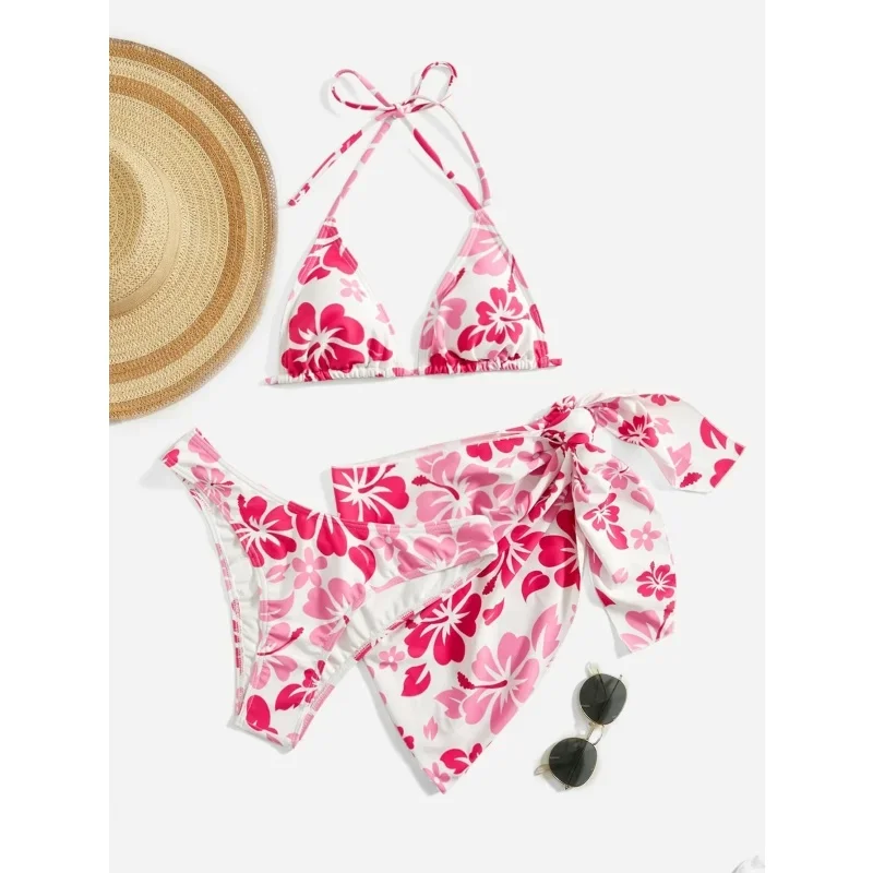 Costume da bagno micro bikini con motivo floreale donna sexy bikini a triangolo con lacci gonna copricostume estate 2025 nuovi bikini da spiaggia 3 pezzi
