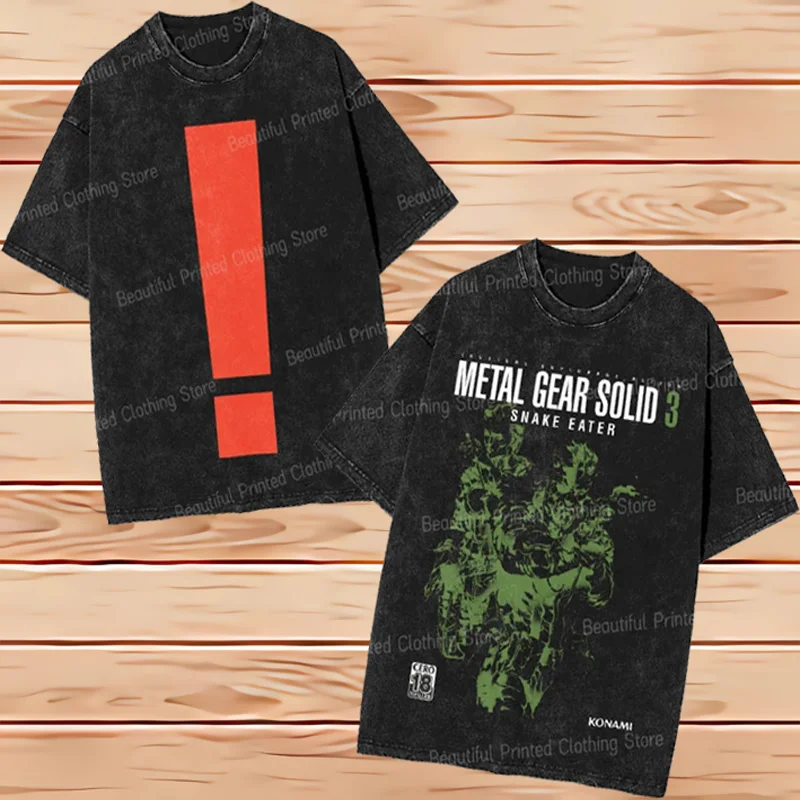 Metal Gear Solid 3 Men Women Cool Retro washed T-Shirt Metal Gear Exclamation Funny Printing T-shirts Street Short Sleeve