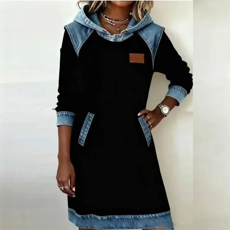 Sudaderas con capucha de mezclilla en contraste, vestido Retro para mujer, vestido informal de retazos con capucha, vestido de otoño de manga larga con bolsillo, vestido de fiesta