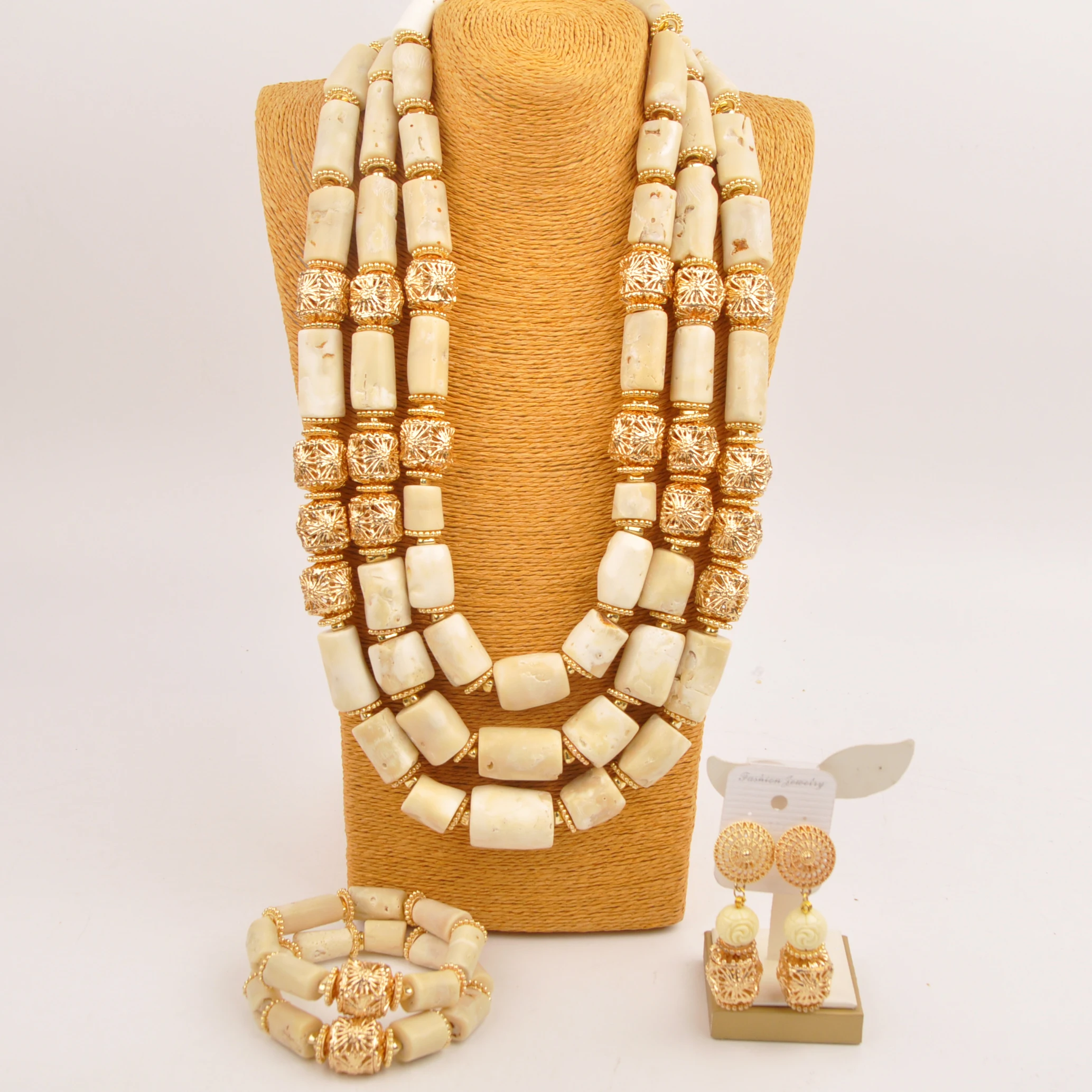 

Fashion African Jewelry Set 3Rows 26inches White Natural Coral Bead Necklace