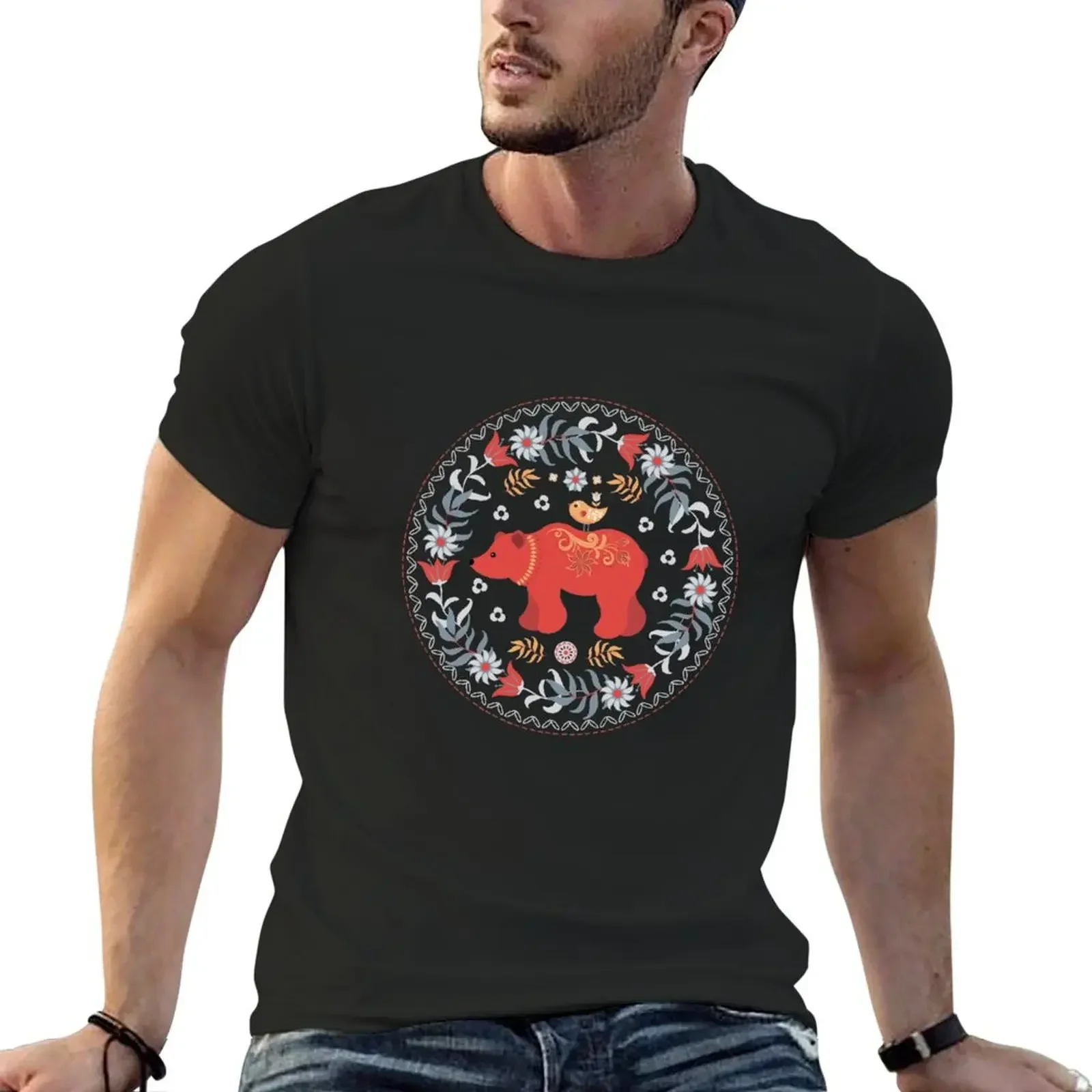 A Bear and a Little Chick. Scandinavian style. Folk Art. T-Shirt Short sleeve tee cute tops graphics tshirts for men