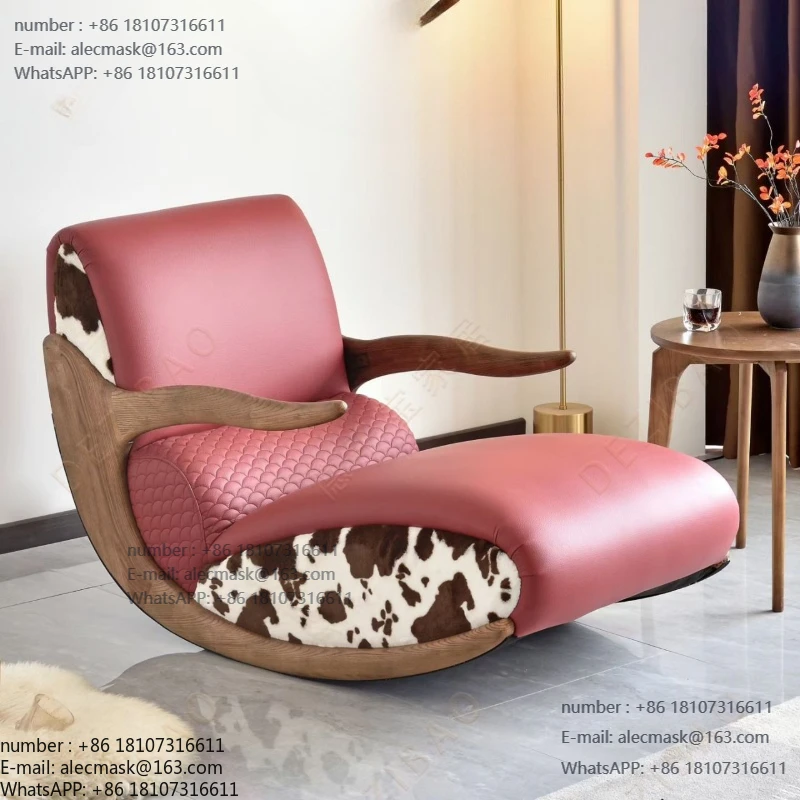 

Medieval ash wood solid wood frame lazy sofa household living room rocking chair leather single casual sofa