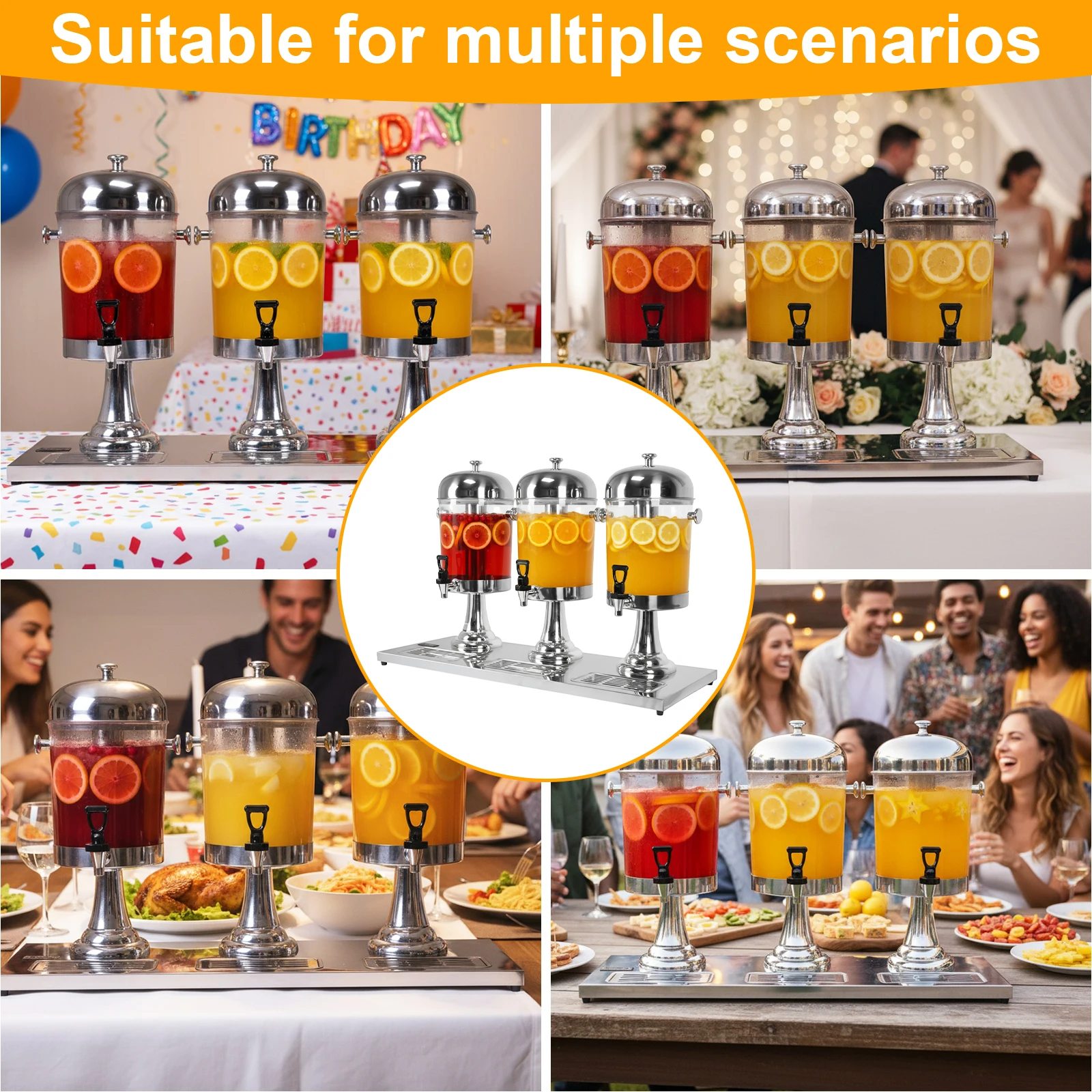 

24L Stainless Steel Beverage Dispenser with Ice Core Drink Beverage Dispenser 3-Head for Parties Wedding Hotel Buffet Restaurant