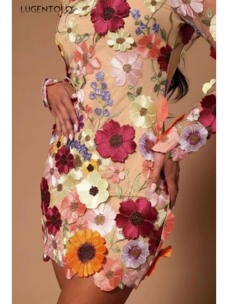 

Женское платье-карандаш с вышивкой Lugentolo, с длинным рукавом и открытой спиной, летнее платье с цветочным принтом