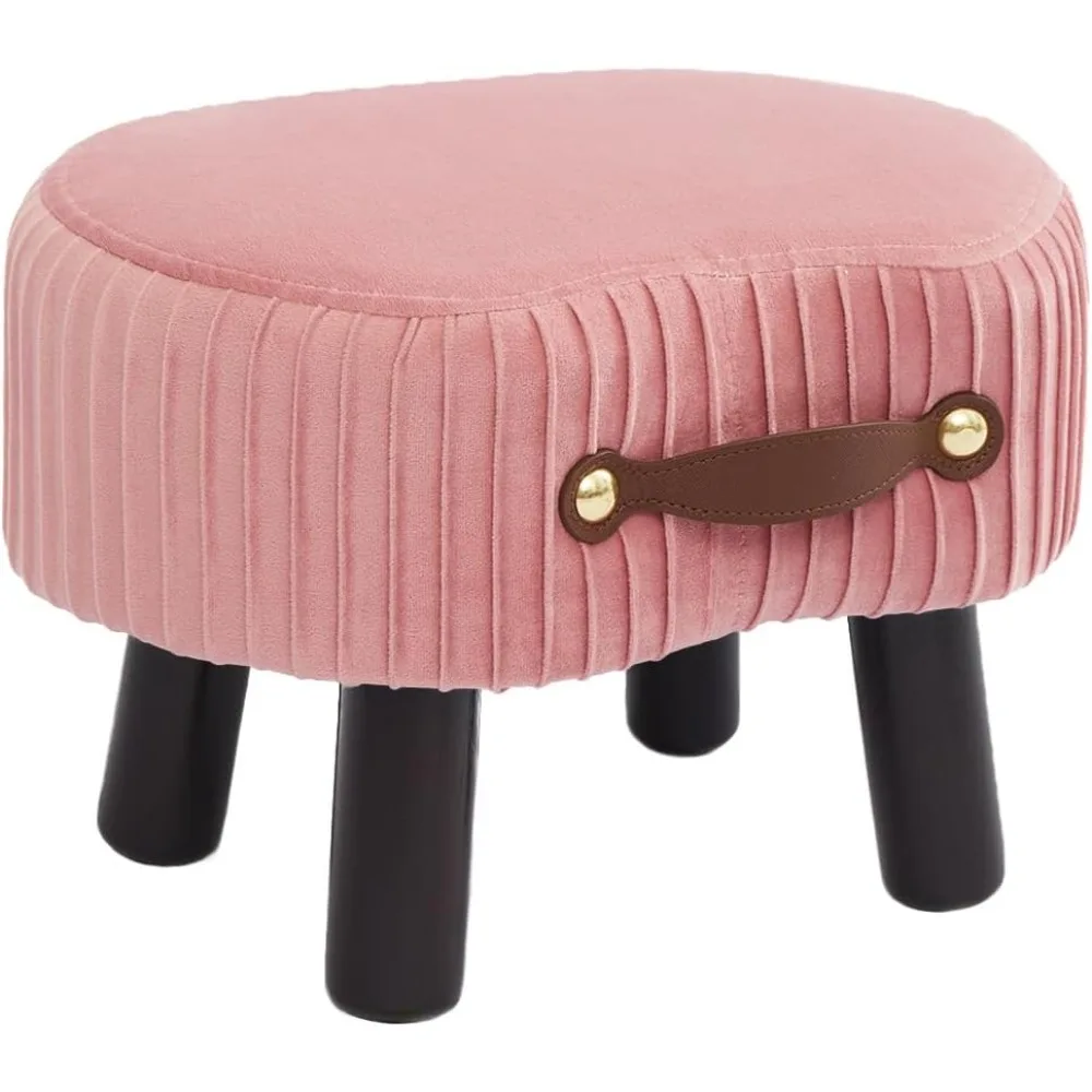 Small Footstool with Handle, Velvet Ottoman Foot Rest with Padded Seat, Curved Foot Stool with Wooden Legs, Portable Foot Rest f