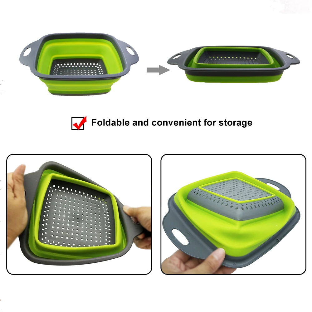 1Pc 2in1 Silicone Folding Drain Fruit Vegetable Washing Basket Foldable Strainer Collapsible Drainer Kitchen Storage Tool Dish