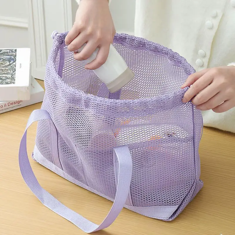 Mesh Drawstring Tote Bag Breathable Quick Dry Large Capacity Portable Handbag for Gym Swimming Beach Sports Weekend Getaway