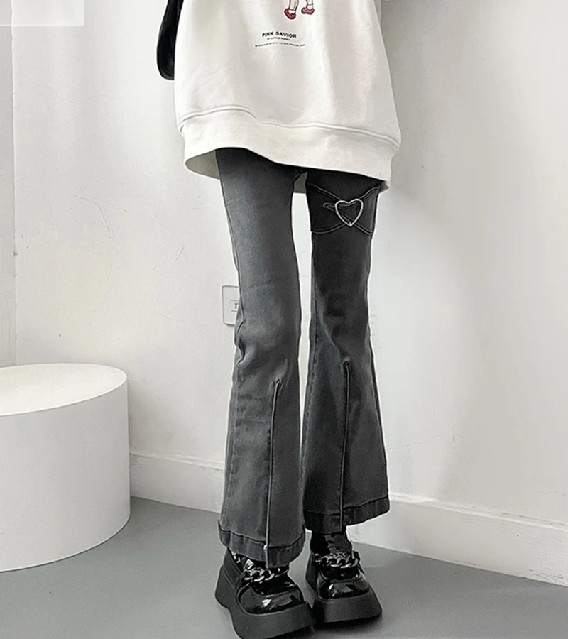 Y2K Womens Split Jeans Love Design Sense Autumn New Style High Waist Slimming Slim Fit Elastic Flared Pants Trendy