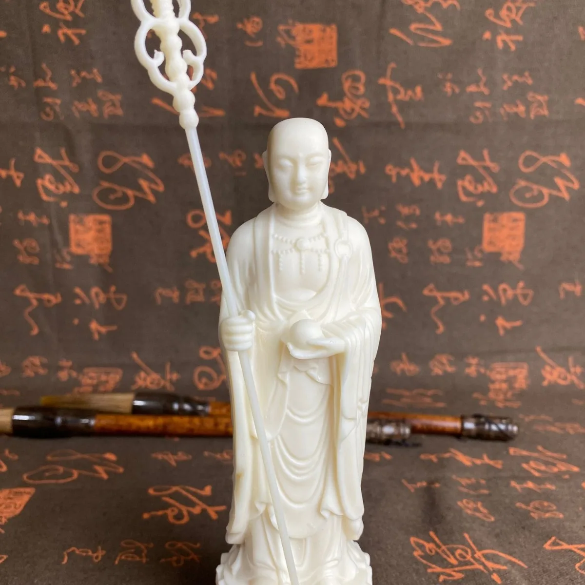 Natural Tagua Nut Carved Ksitigarbha Buddha Statue 17.6x5.8x5.8cm Oriental Home Table Spiritual Collectible Ornament Craft Gift
