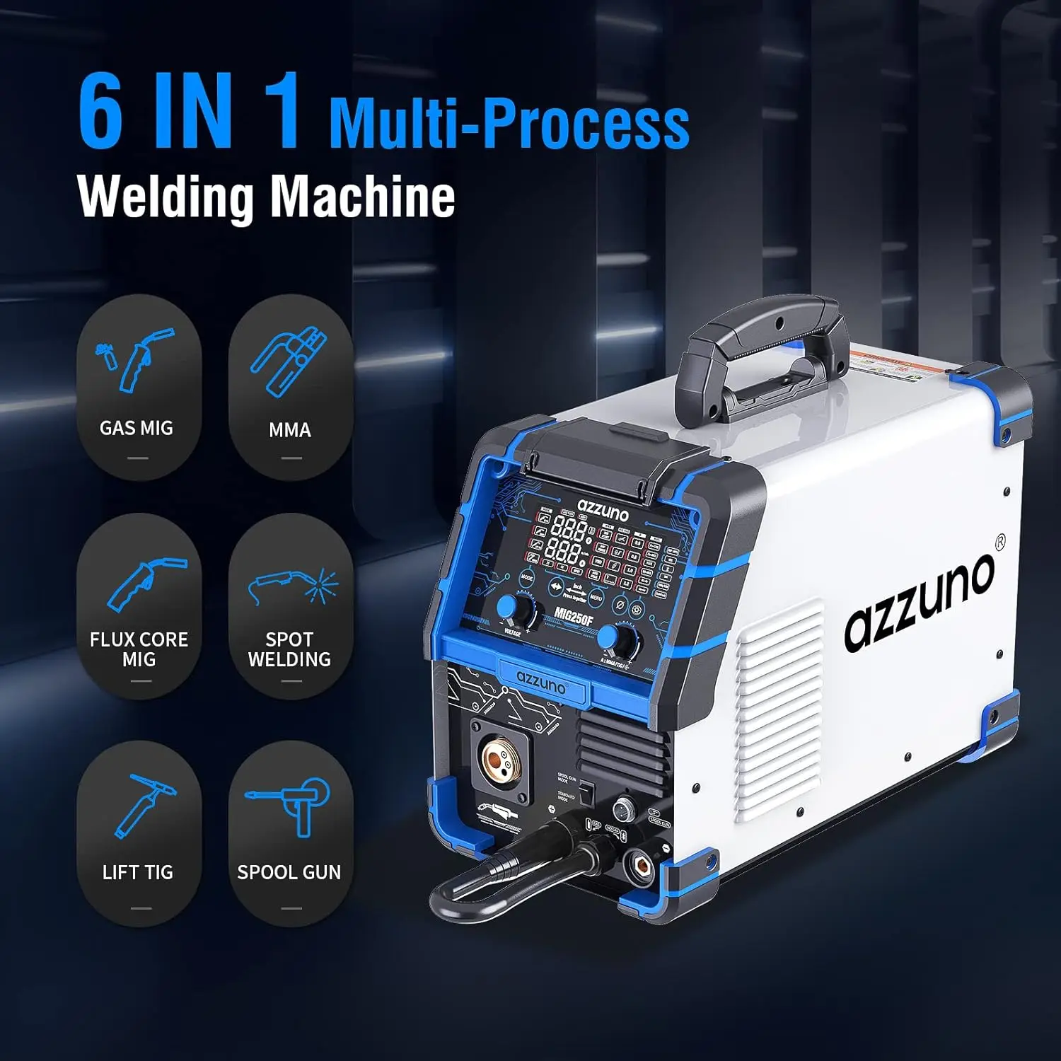 AZZUNO Aluminum 250Amp MIG Welder,6 in 1 Gas MIG/Spool Gun Compatible Welding Machine 110V/220V