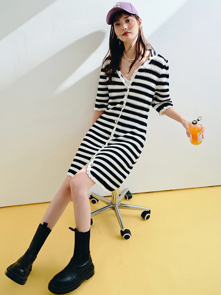 

Holiday Stripe Heavy Work Hollow Lace Sea Soul Stripe Knit Top+Polo V-Neck Dress