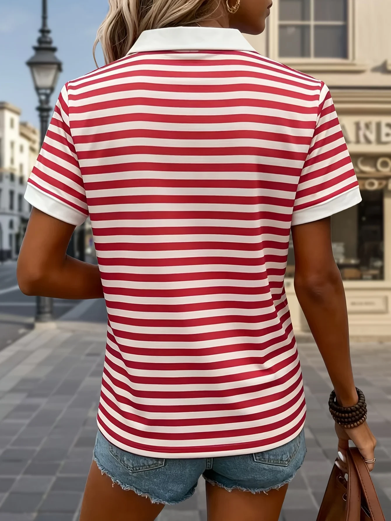 New Fashion Color Block Lapel Polo Tee Women Short Sleeve V Neck Loose T-shirt Elegant Daily Outfit Casual Office Shirts image 3