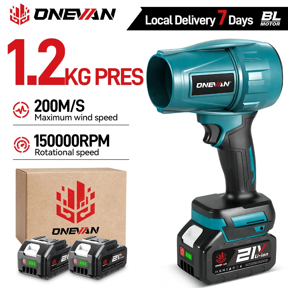 Soprador Turbo Sem Escovas ONEVAN 200M/S 2000W, Soprador Elétrico Sem Fio para Remoção de Poeira e Neve, Compatível com Bateria Makita 18V