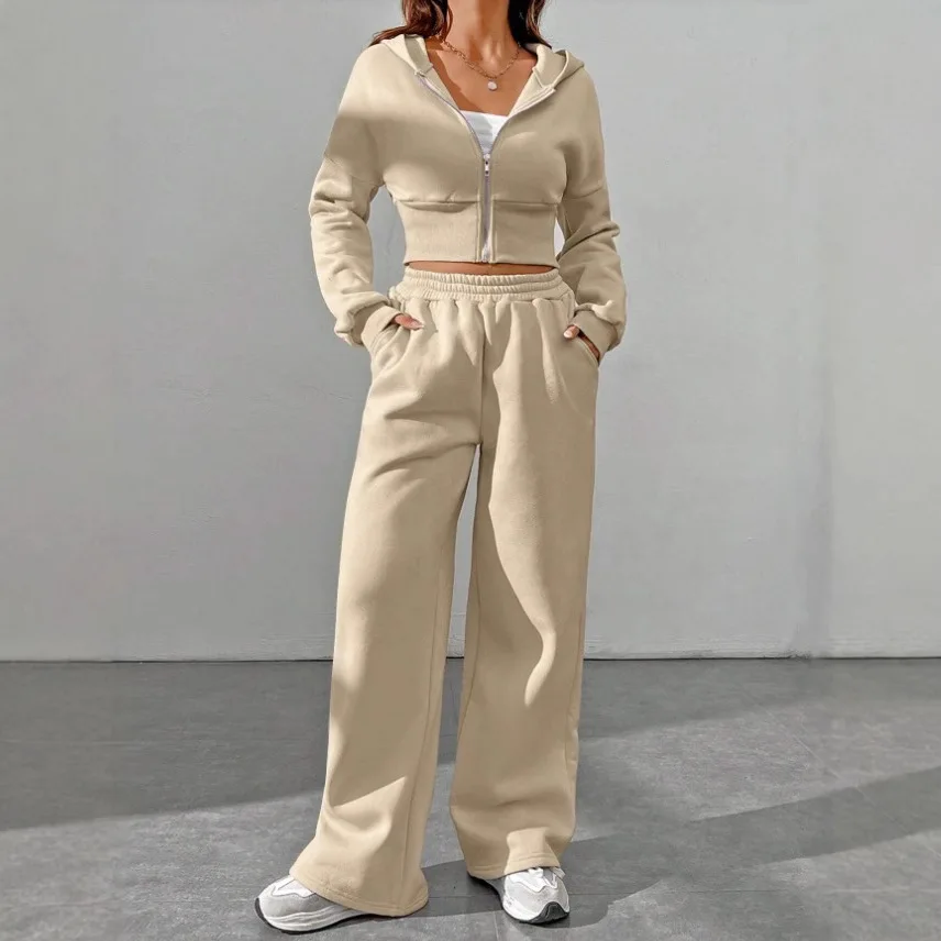 

Fashionable Zipper Hooded Sweatshirt + Wide-leg Pants Two-piece Sets Women Summer Jogger Trousers Suit For Women 2025