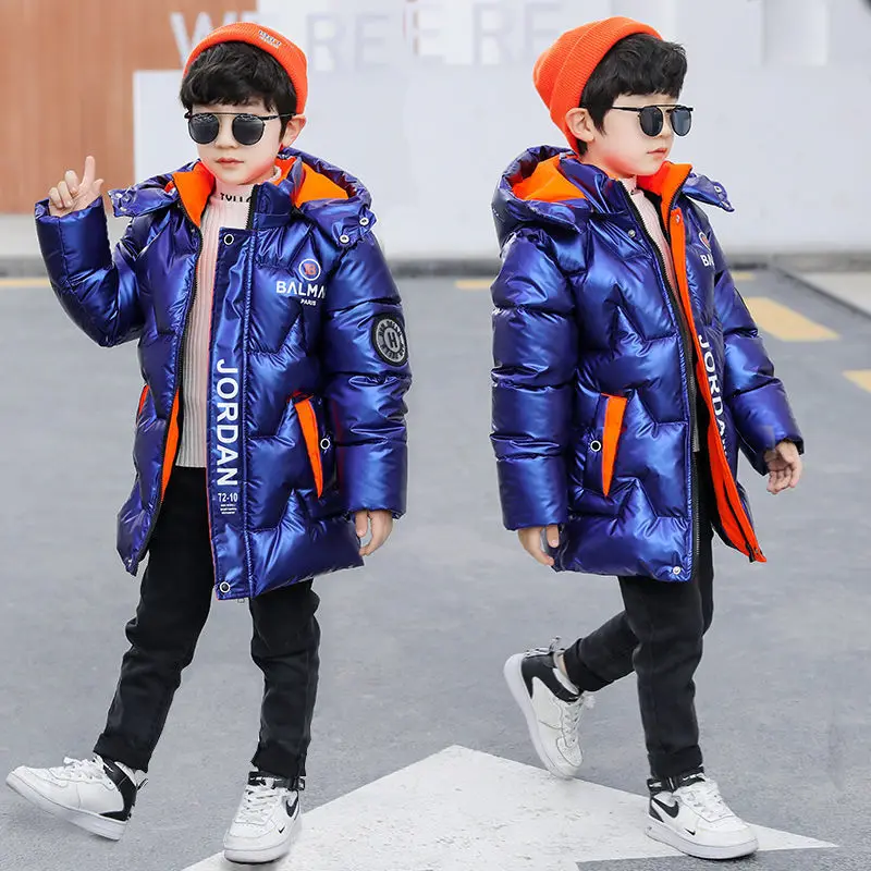 4-13T Boys Parkas Hooded Letters Print Plus Velvet Thicken Warm Children'S Outerwear Bright Skin No Washing Required Jackets