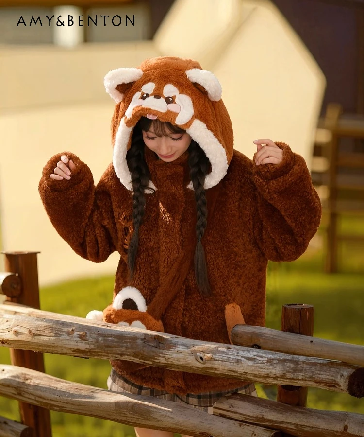 

2025 Autumn Winter New Cute Style Brown Little Panda Letter Print Loose Zipper Soft and Comfortable Hooded Sweatshirt