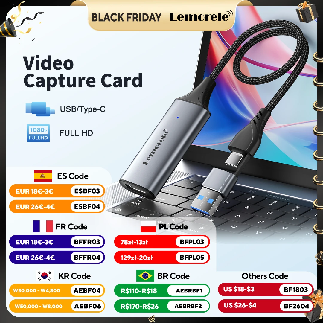 

Lemorele Карта видеозахвата USB HDMI-совместимая с USB/Type-c игровой захват запись ms2130 для Switch Xbox PS4/5 Live Broadcas