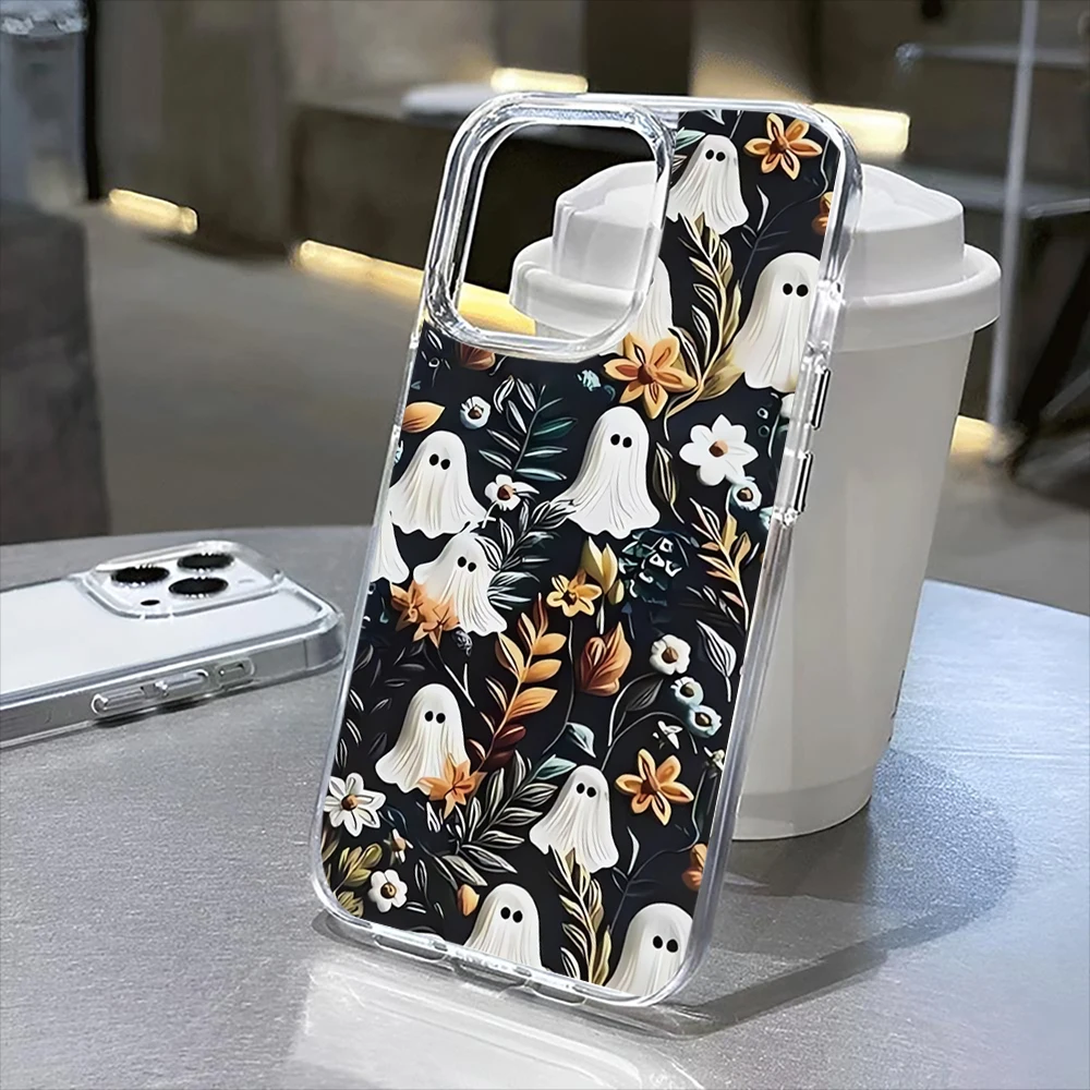 

Прозрачный чехол для телефона с цветочным призраком на Хэллоуин для iPhone 16Pro Max 16Pro 16Plus 16 15 Pro Max 15Pro 15 13 13Pro 14 12 11Pro Max Plus