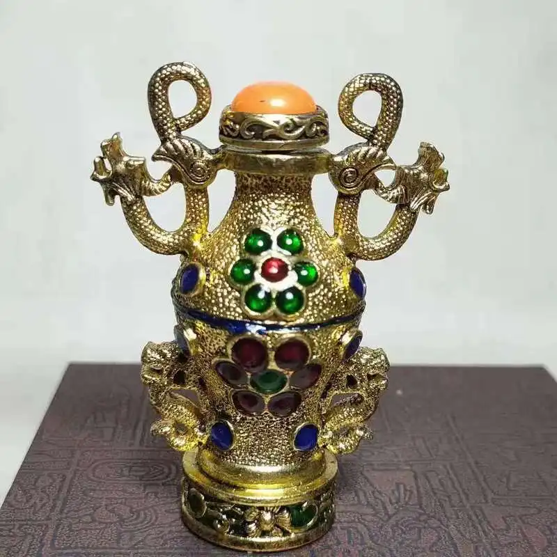 - Copper Inlaid With Gemstones Snuff Bottle, Double-Sided Antique Smoking Accessory, Classical Decoratio