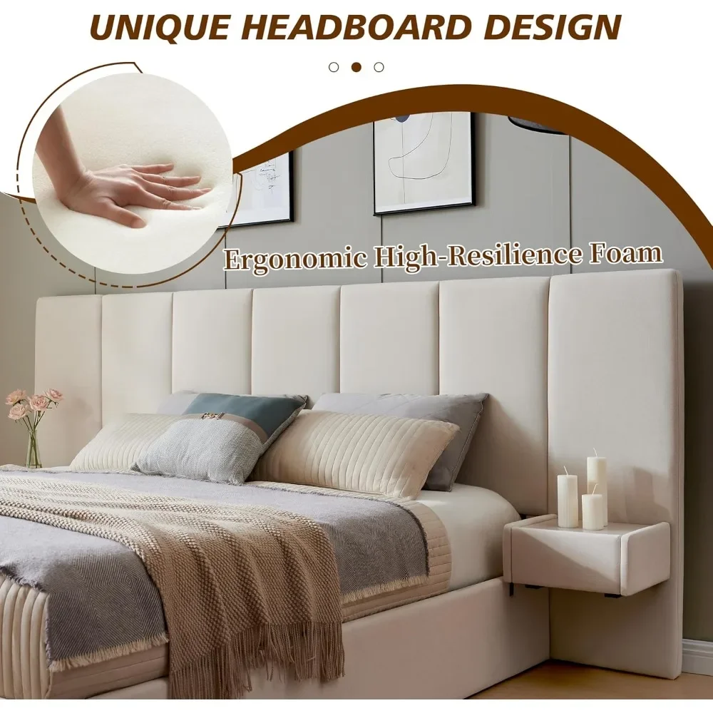 

King Size Upholstered Platform Bed Frame with Lift-Up Storage, Velvet Headboard & Built-in Nightstands, No Box Spring Needed