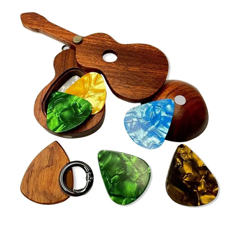 

Держатель для гитарных медиаторов с гитарными медиаторами, деревянный брелок для гитары, статуэтки для домашнего декора, деревянный футляр для гитарных медиаторов