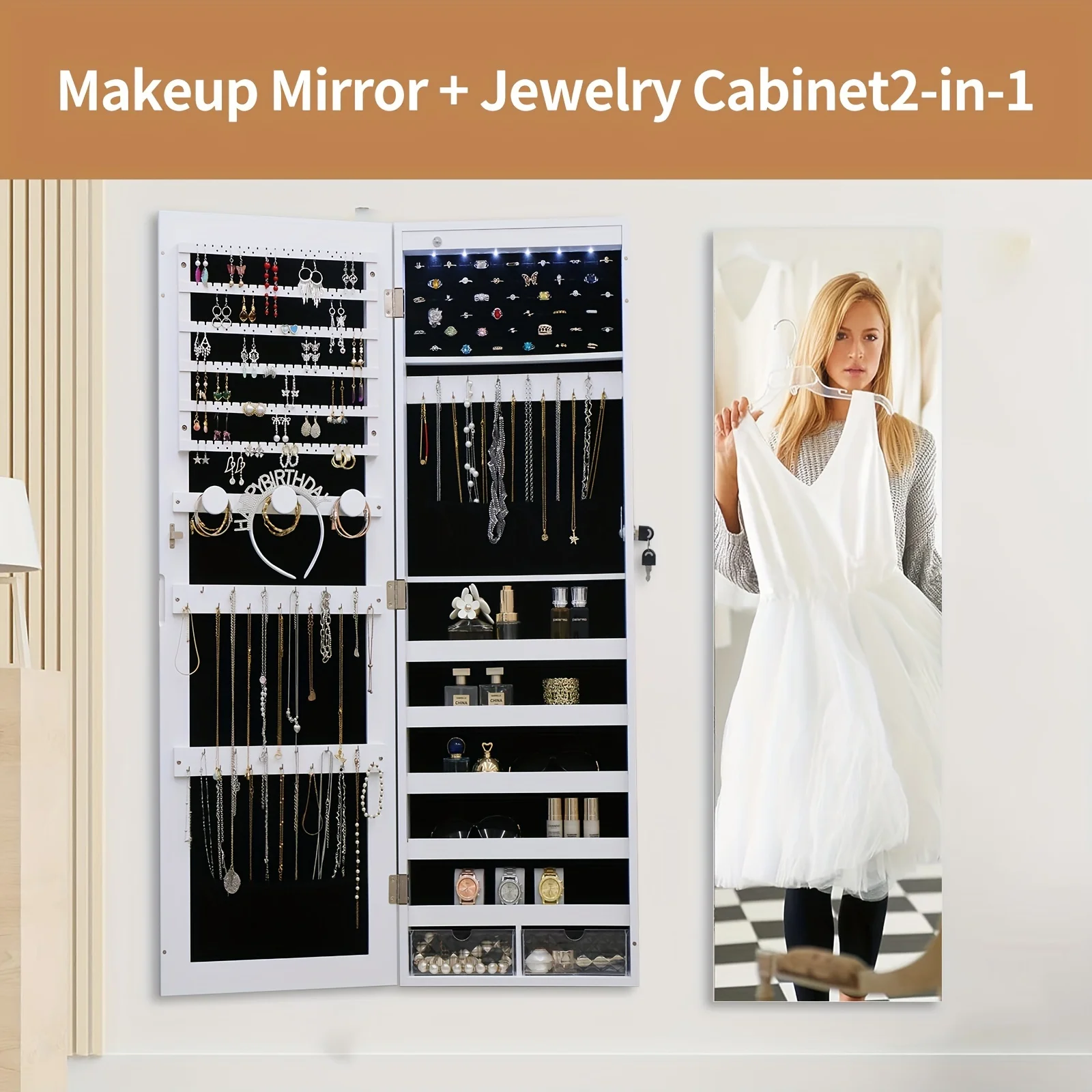 

LED Lights Jewelry Armoire with Mirror - 43.3" Wall Mounted/Hanging Mirror Jewelry Cabinet with Storage and 2 Drawers
