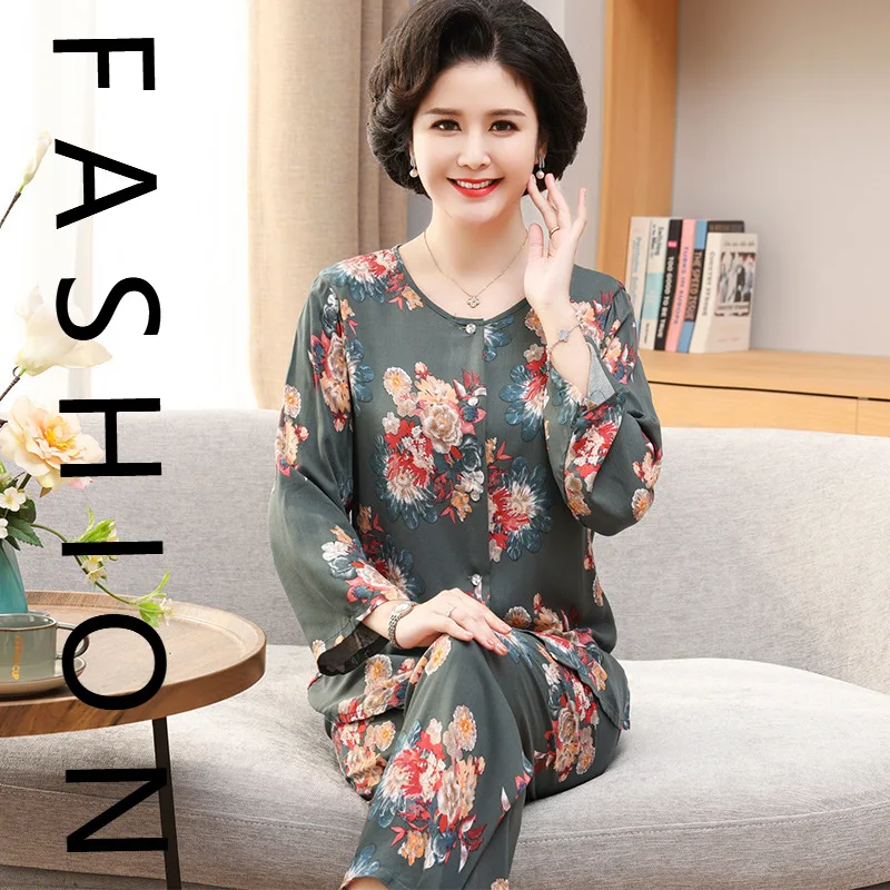 

Пижамы из хлопка и шелка, женские комплекты из двух предметов с длинными рукавами, для мам среднего и пожилого возраста, женские из хлопка и шелка большого размера.