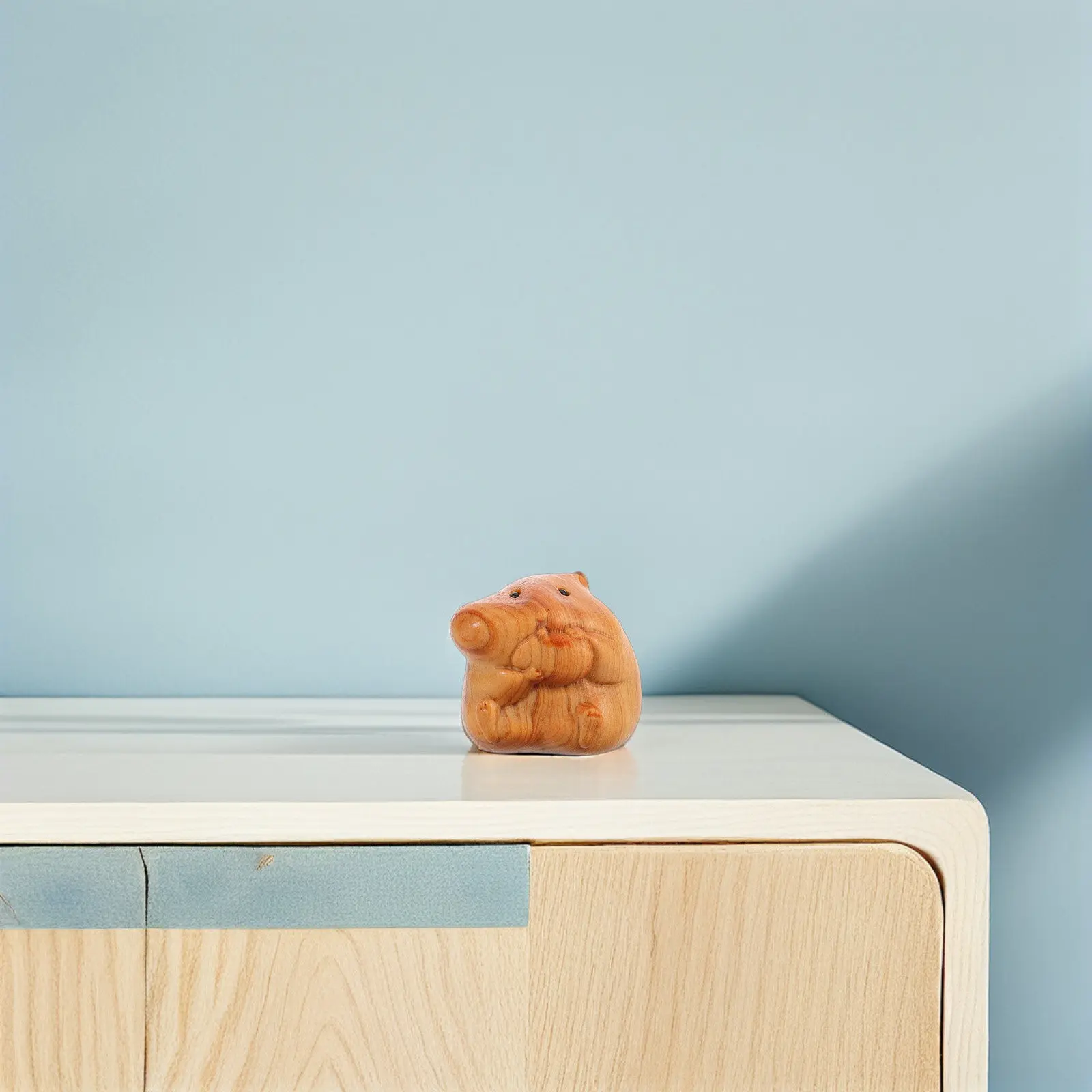 Hand-Carved Wood Hamster Sculpture Natural Miniature Animal Ornament Home Office Desk Decoration Wood Craft