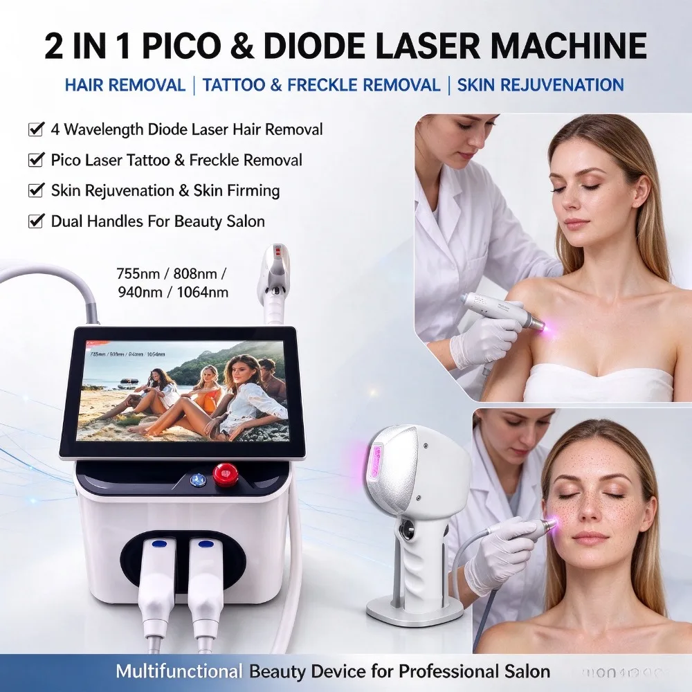 Dual Handle 2IN1 Pico + Diode Laser Beauty Machine, 4 Wavelengths for Hair Removal & Pigment Treatment