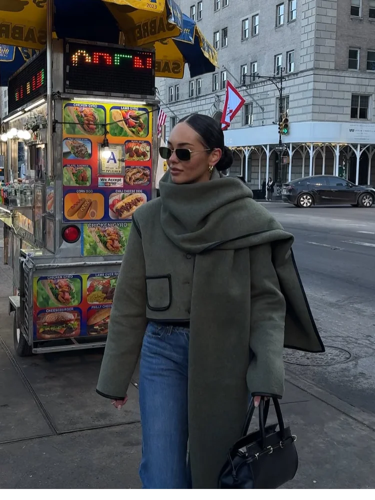 

Fashion Wool Blend Short Overcoat Women Elegant Lapel Single-breasted Pocket Long Sleeve Coat 2025 Autumn Lady Commuter Wear