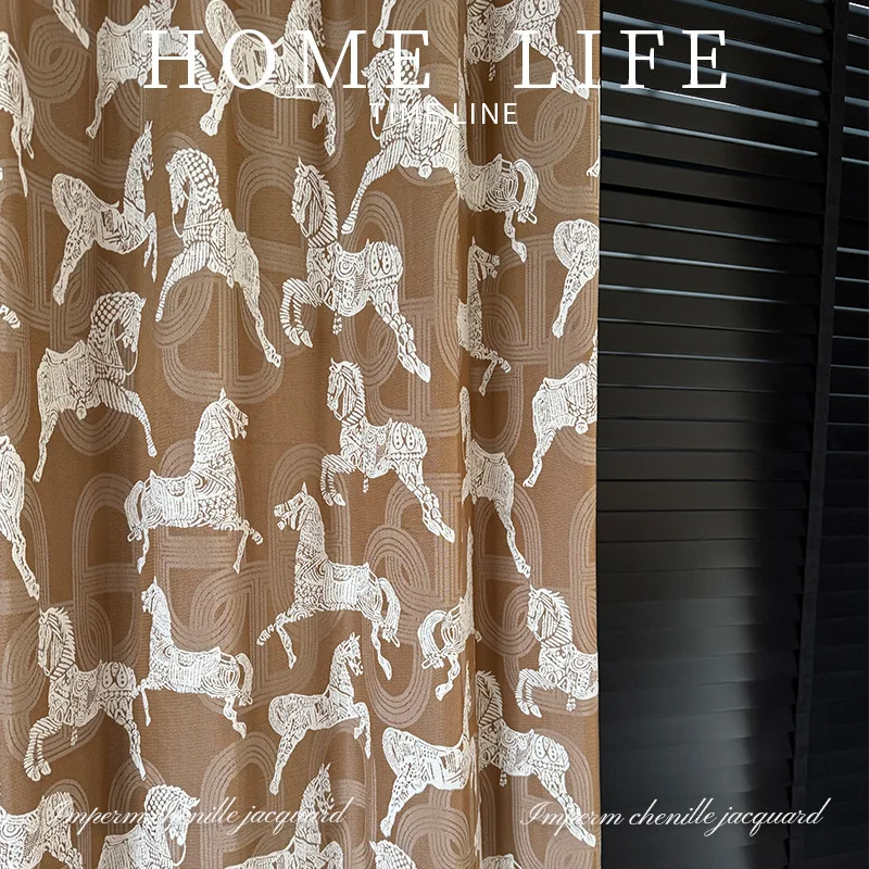 Royal Horse Chenille Jacquard Curtain Wheat Beige Sheer Floor Drapes Fabric Wholesale drapes in living room sheer curtains