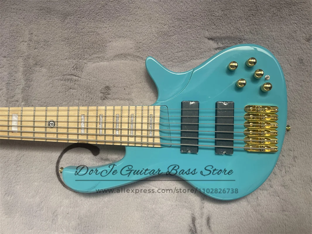 6 strings bass guitar ash wood body Maple Neck white shell inlaid with Golden Bridge active battery case blue and green bass