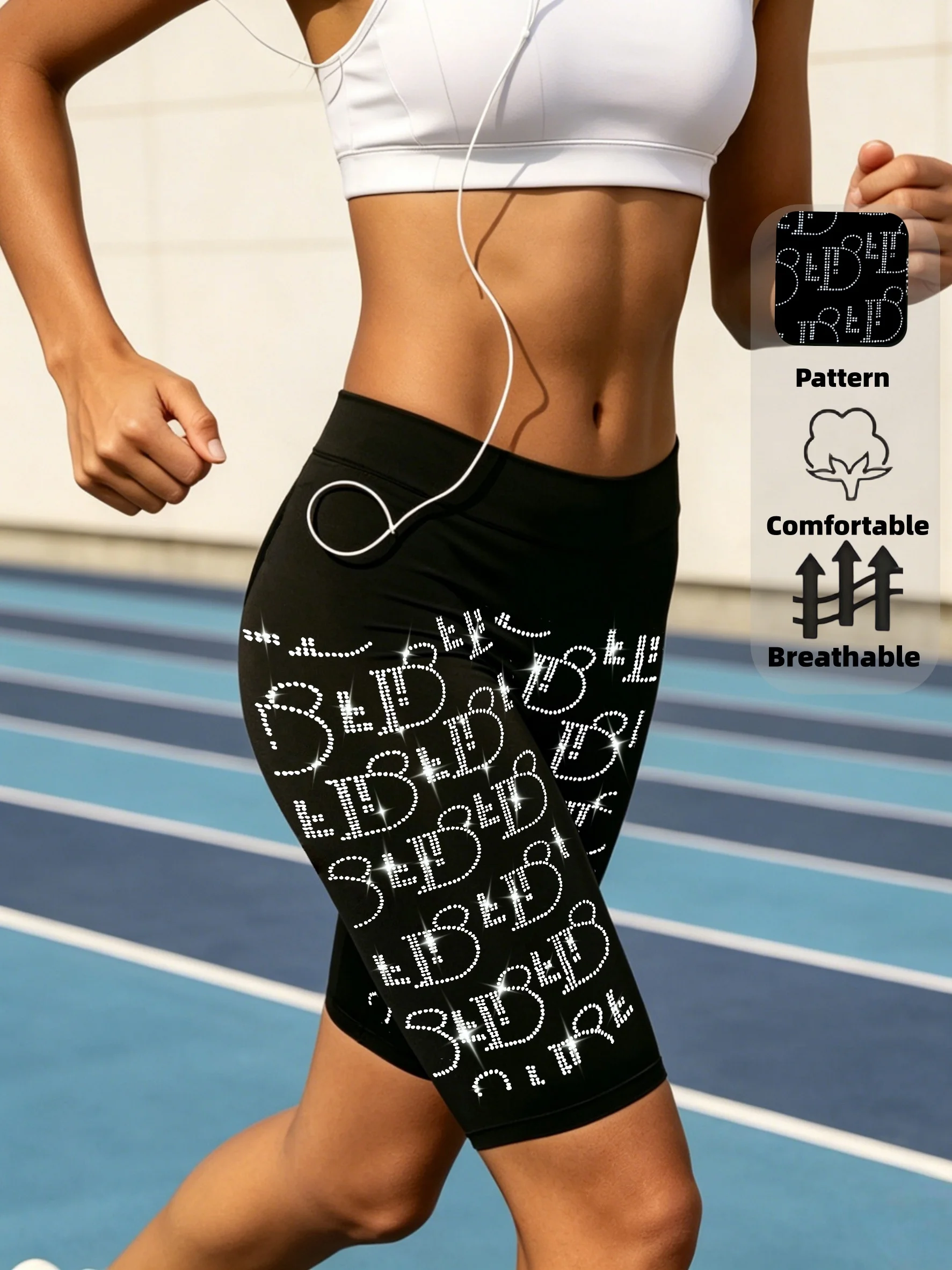 Women's Rhinestone Print Sports Biker Shorts High Waist Comfortable Breathable Cycling Shorts For Sports Outings
